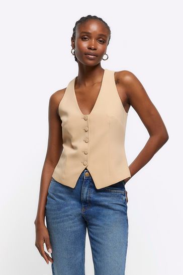 River Island Beige Button Front Tailored Waistcoat