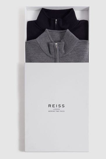 Reiss Navy/Mid Grey Blackhall 2 Pack Two Pack Of Merino Wool Zip-Neck Jumpers