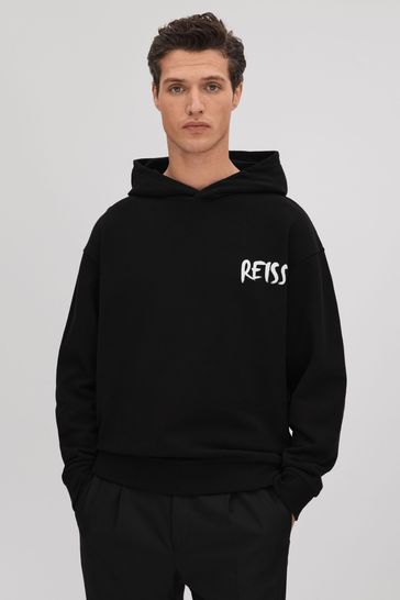 Reiss Black/White Newton Cotton Relaxed Motif Hoodie