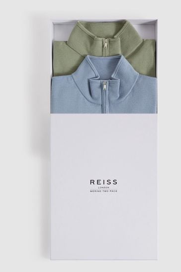Reiss Kale/Dove Blue Blackhall 2 Pack Two Pack Of Merino Wool Zip-Neck Jumpers