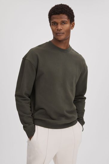 Reiss Khaki Alistar Cotton Crew Neck Sweatshirt