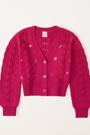 Abercrombie & Fitch Pink Textured Floral Embroidered Cropped V-Neck Knitted Cardigan