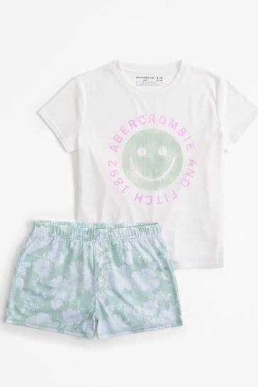 Abercrombie & Fitch Green Graphic Print Logo Pyjama Shorts & Top Set