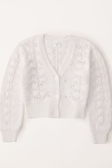 Abercrombie & Fitch Cream Textured Pointelle Cropped V-Neck Knitted Cardigan