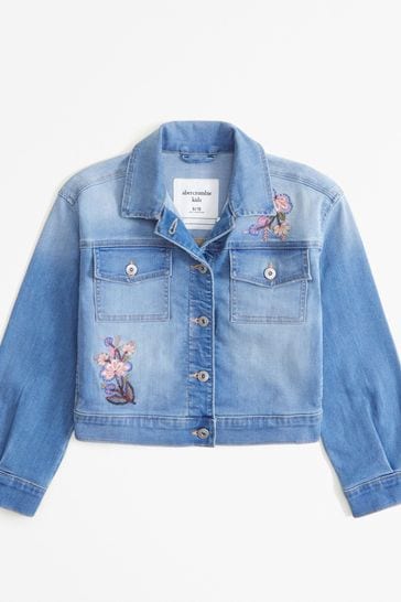 Abercrombie & Fitch Blue Floral Embroidered Denim Jacket