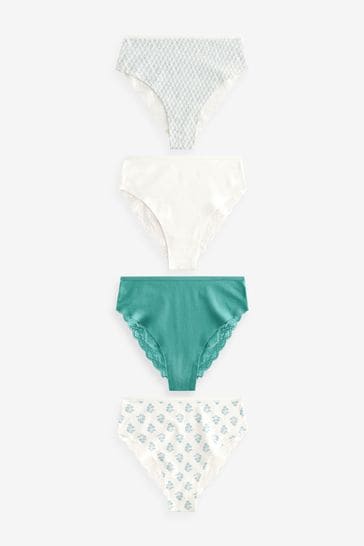 Green/White Print High Rise High Leg Cotton and Lace Knickers 4 Pack