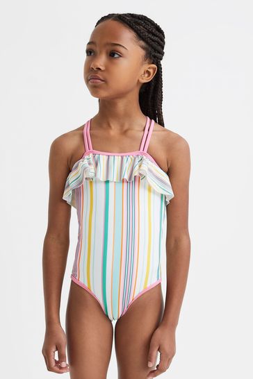 Reiss Multi Cora Junior Striped Frilly Cross Back Swimsuit