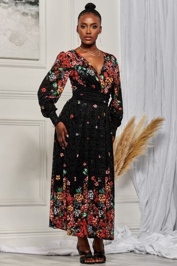 Buy Jolie Moi Red Lilah Symmetrical Print Lace Maxi Dress from