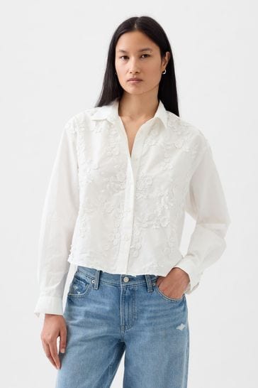 Gap White Floral Embroidered Cropped Shirt