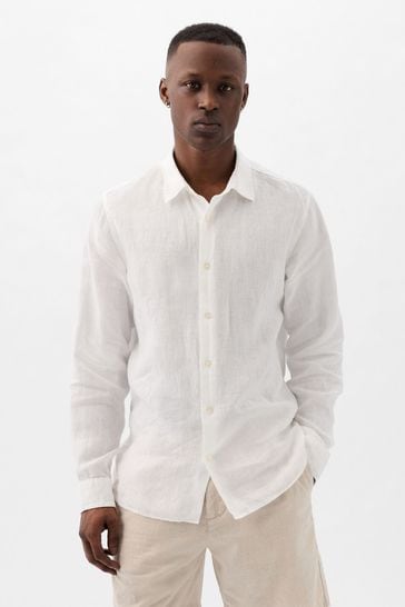 Camisa blanca de manga larga de algodón y lino de Gap