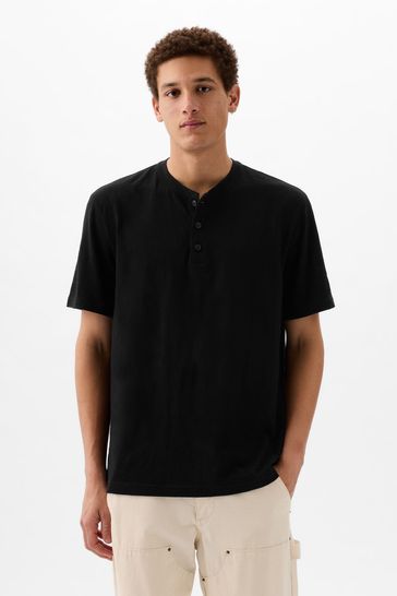Gap Black Slub Short Sleeve Henley T-Shirt