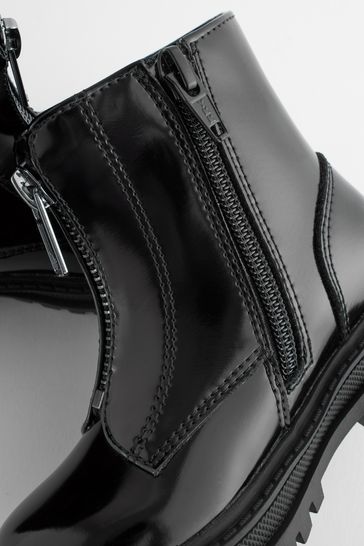 Black Patent Standard Fit F Zip Front Chunky Boots