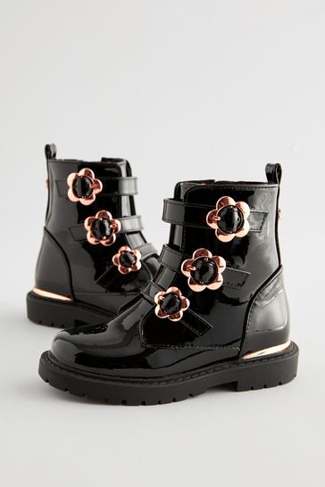 Buy Black Patent Floral Buckle Boots from Next Bahrain