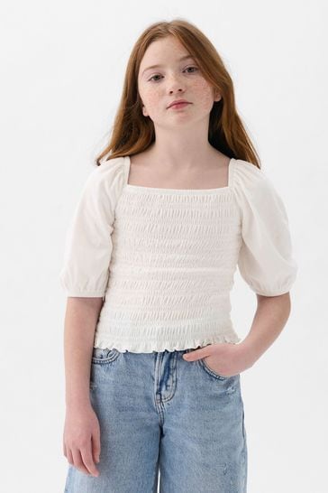Gap White Puff Sleeve Square Neck Smocked Top (4yrs-13yrs)