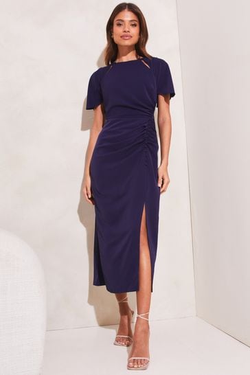Lipsy Navy Petite Ruched Button Front Sleeved Midi Dress