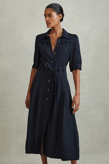 Reiss Navy Malika Belted Cap Sleeve Midi Dress