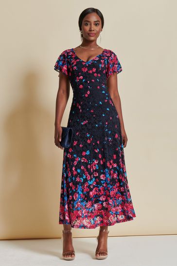 Jolie Moi Pink Mirrored Print Lace Maxi Dress