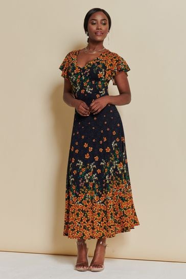 Jolie Moi Orange Lace Floral Print Fit & Flare Maxi Dress