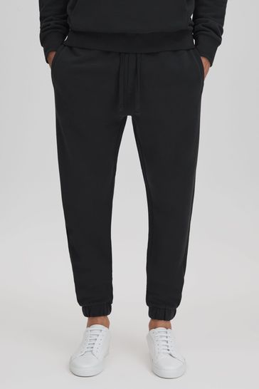 Reiss Washed Black Ali Fleece Lined Cotton Joggers