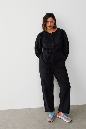 Oliver Bonas Pleat Sleeve Black Twill Jumpsuit