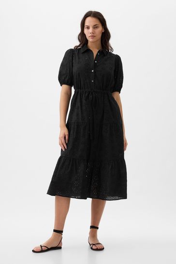 Gap Black Eyelet Tie Waist Tiered Midi Dress