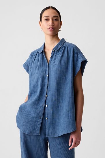 Gap Blue Crinkle Cotton Short Sleeve Shirt