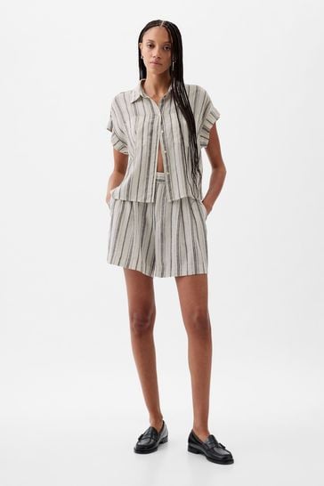 Gap Neutral Stripe Linen-Blend Short Sleeve Cropped Shirt