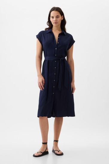 Gap Navy Blue Linen-Blend Tie Waist Midi Shirt Dress