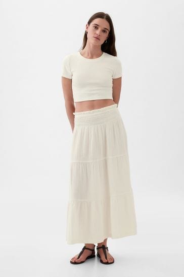 Gap White Crinkle Cotton Pull On Maxi Skirt