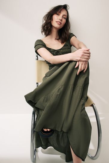 Buy Khaki Green Shirred 100 Cotton Midi Dress from Next Turkey
