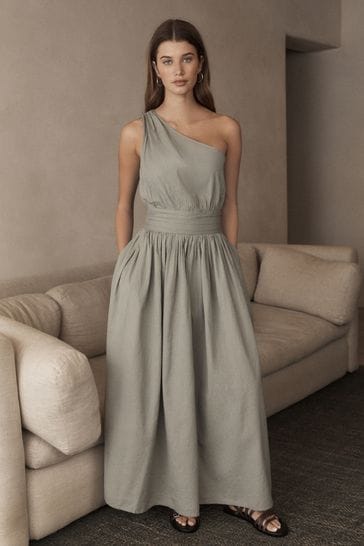 Green Premium One Shoulder Midi Dress With Linen