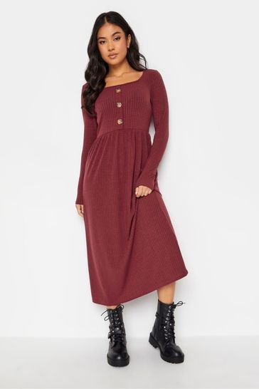 PixieGirl Petite Red Long Sleeve Ribbed Button Midaxi Dress