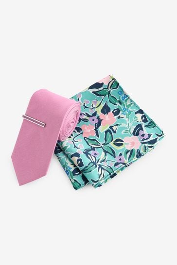 Bright Pink/Turquoise Floral Slim Tie Pocket Square And Tie Clip Set