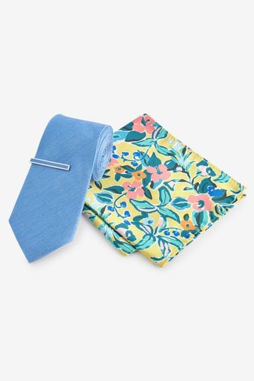 Blue/Yellow Floral Slim Tie Pocket Square And Tie Clip Set