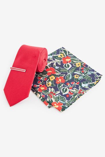 Red/Navy Blue Floral Slim Tie Pocket Square And Tie Clip Set
