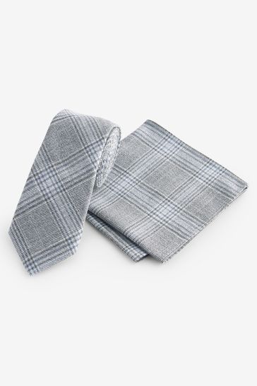 Light Grey/Light Blue Check Slim Tie And Pocket Square Set