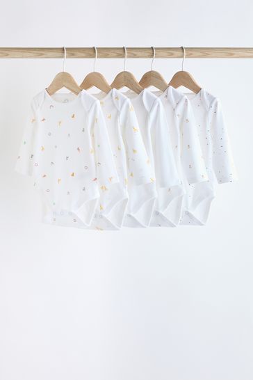 White 5 Pack Long Sleeve Baby Bodysuits