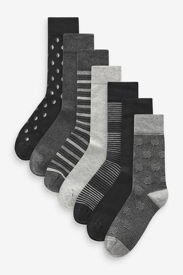 Black/Grey Pattern 7 Pack Mens Cotton Rich Socks