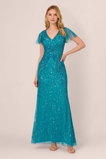 Adrianna Papell Blue Flutter Sleeve Beaded Gown