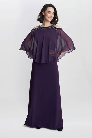 Gina Bacconi Purple Audrey Cold Shoulder Popover Gown With Beaded Neckline