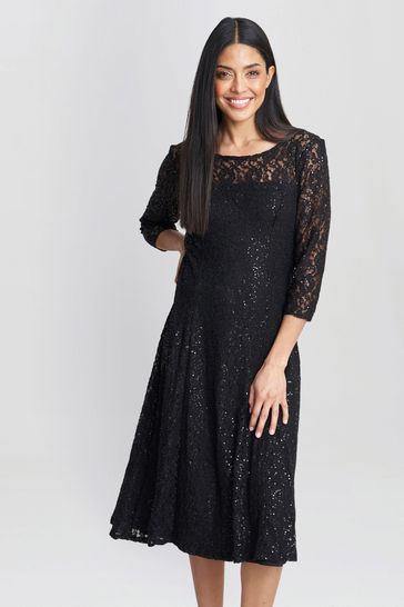 Gina Bacconi Black Elianna Midi-Length Sequin Lace 3/4 Sleeve Cocktail Dress