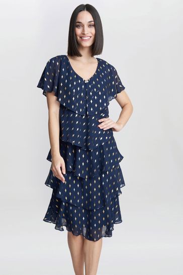 Gina Bacconi Blue Sybil Foil Print Tier Dress