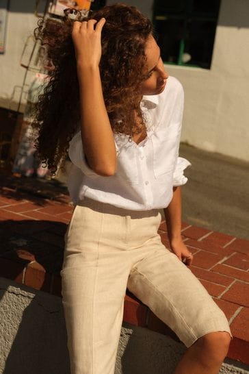 Neutral Linen Blend Cropped Capri Trousers