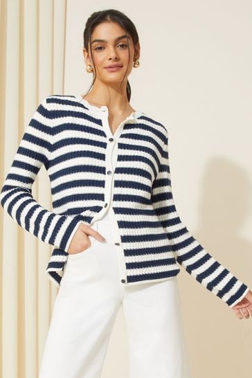 Friends Like These Navy Blue Stripe Textured Crew Neck Cardigan