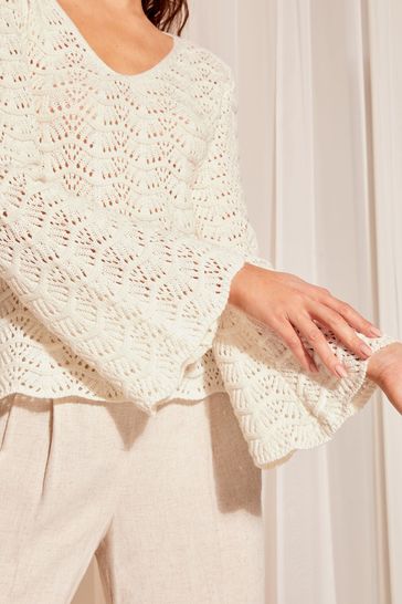 Friends Like These Ivory White Crochet Flute Sleeve Top