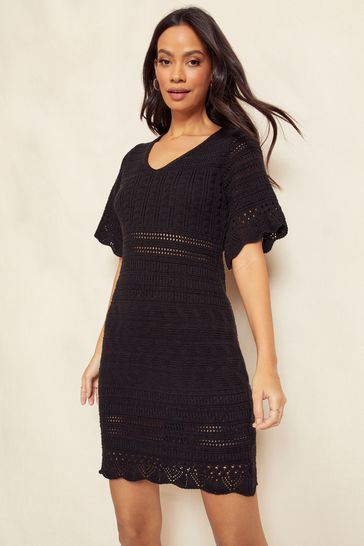 Friends Like These Black Petite V Neck Crochet Mini Dress