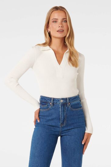 Forever New White Piper Crochet Polo Knit Top