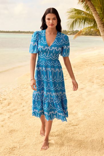 Buy Lipsy Blue Broderie Short Sleeve Palm Embroidered Midi Summer Dress from Next Austria
