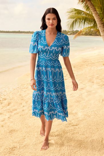 Lipsy Blue Broderie Short Sleeve Embroidered Tiered Midi Dress