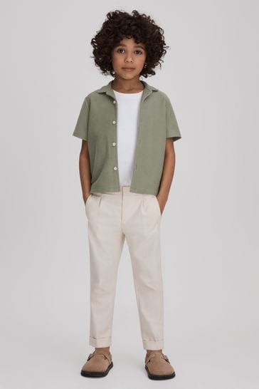 Reiss Pistachio Gerrard Junior Textured Cotton Cuban Collar Shirt